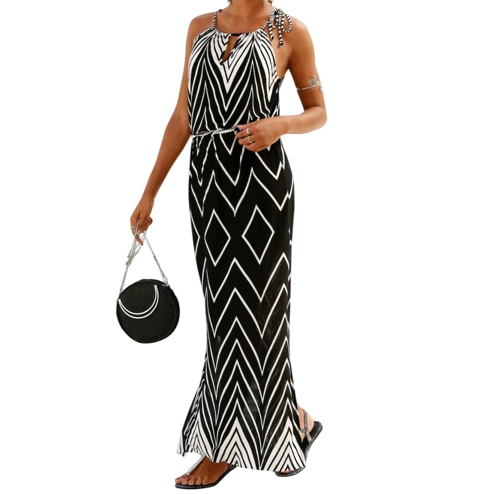 Lascana Maxi Dress Halter Neck Sleeveless Geometric Print Casual Size 8‎ Beach
